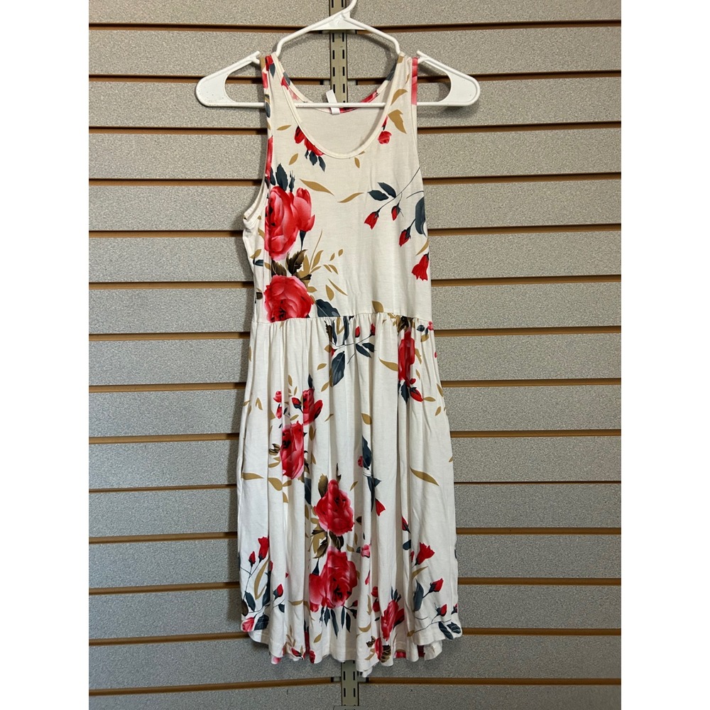 LONGYUAN Womens XS Floral Sleeveless Pocket Dress Cream Red Fit & Flare Casual